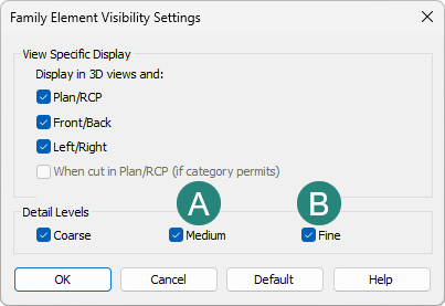 Settings for family element visibility in 3D views and detail levels.